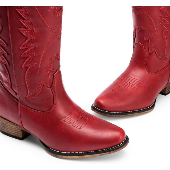 Women's Embroidered Red Stitched Chunky Mid Calf Snip Toe Heel Fashion Boot - Picture 3 of 8